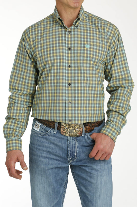 MEN'S PLAID BUTTON-DOWN WESTERN SHIRT - TURQUOISE / CHARCOAL / GOLD