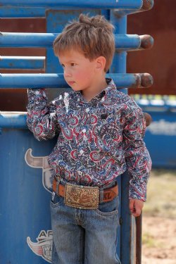 TODDLER MATCH DAD PAISLEY PRINT BUTTON-DOWN WESTERN SHIRT - ROYAL/BLACK/RED