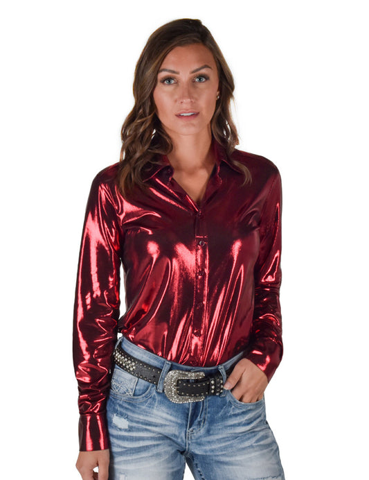 Pullover Button Up (Red Shiny Metallic Lightweight Jersey)- cowgirl tuff - Coffman Tack