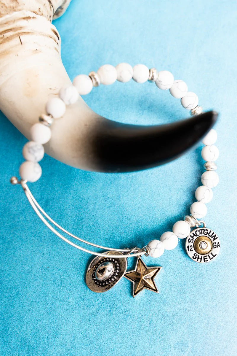 Crystal Avenue Silvertone Cowboy Hat & Star Charm White Semi-Precious Stone Bracelet