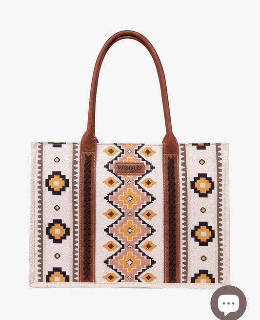 Wrangler Southwestern Pattern Dual Sided Print Canvas Wide Tote ivory - Coffman Tack