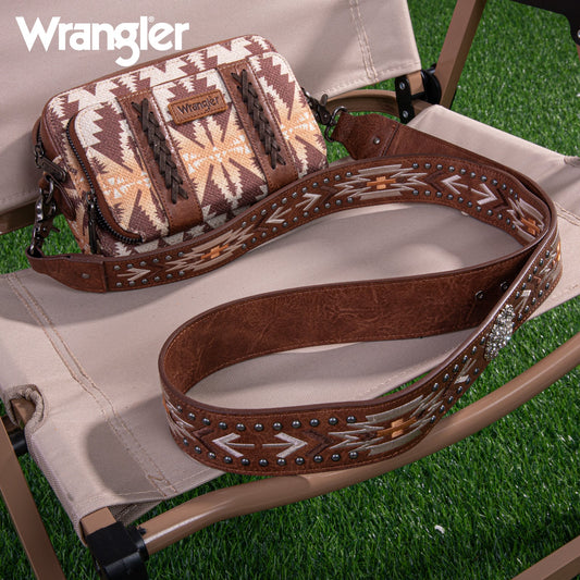 Wrangler Aztec Printed Crossbody Purse With Wallet Compartment - Light Coffee